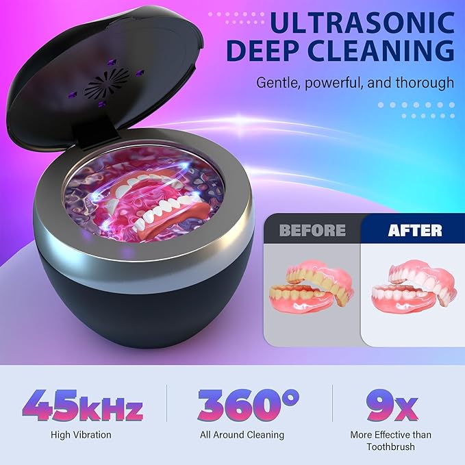 Ultrasonic Retainer Cleaner, 200ML Denture Cleaner for Mouthguard, Aligner, Brace, Night Guard and Dental Appliance with 4 Modes, 45kHz Jewelry Cleaner for Rings, Dental Cleaning Pod with Basket