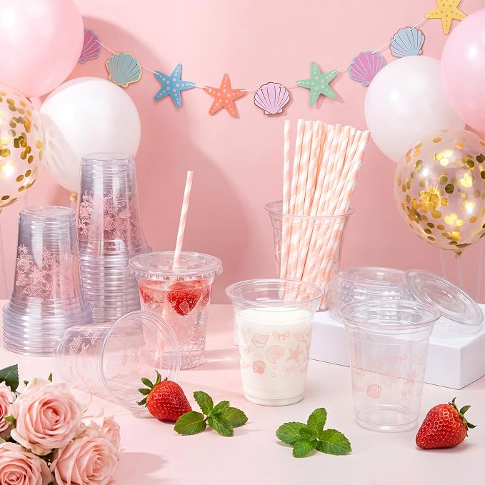 Domensi 25 Sets Seashell Themed Plastic Cups with Lids and Paper Straws 12oz Pink Ocean Disposable Drinking Cups Bulk for Cold Drinks Baby Shower Wedding Summer Theme Birthday Party Supplies
