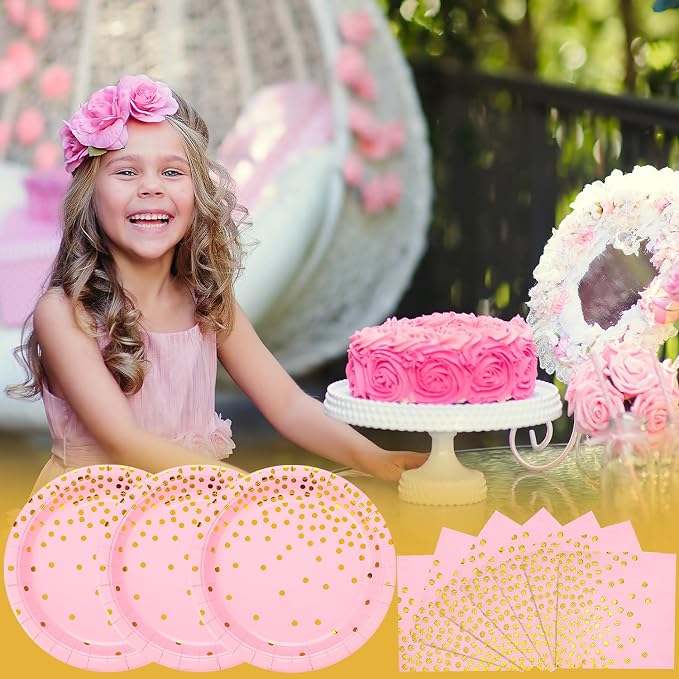 150 PCS Pink and Gold Paper Plates Napkins Forks Party Supplies Serves 50, Golden Dot Disposable Paper Dinnerware 9" Plates for Birthday, Bachelorette, Girl Birthday, Baby Shower