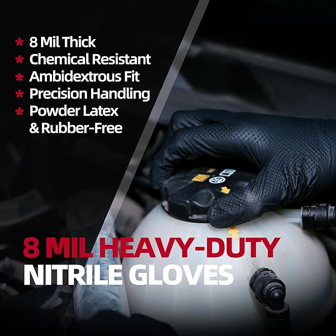 Jointown Basic Heavy Duty Nitrile Gloves, Mechanic Gloves 8 Mil Nitrile Disposable, with Raised Diamond Texture, Case of 100, Black, XLarge