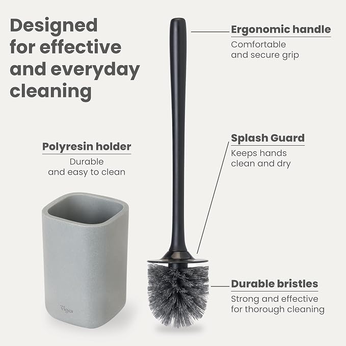 Vigar Zense Toilet Brush and Holder Set - Toilet Bowl Brush and Holder, Polyresin Stone Bathroom Accessory, Compact Toilet Cleaner Brush for Bathroom Decor and Toilet Accessories Set - Concrete