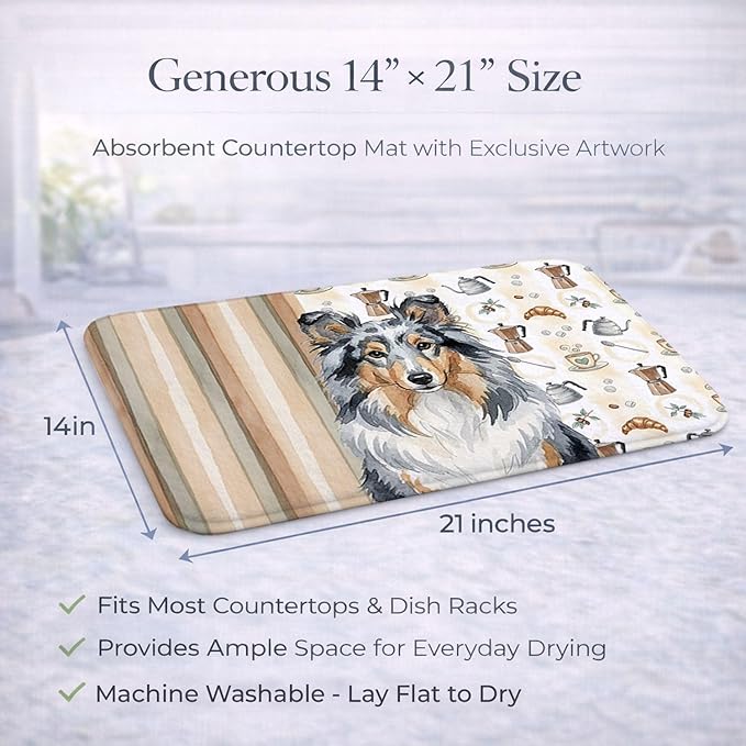 Caroline's Treasures Blue Merle Sheltie Coffee Bar Dish Drying Mat Absorbent Dish Drying Mat Pad for Kitchen Counter Dish Drainer Mat for Countertop, 14 x 21", Multicolor