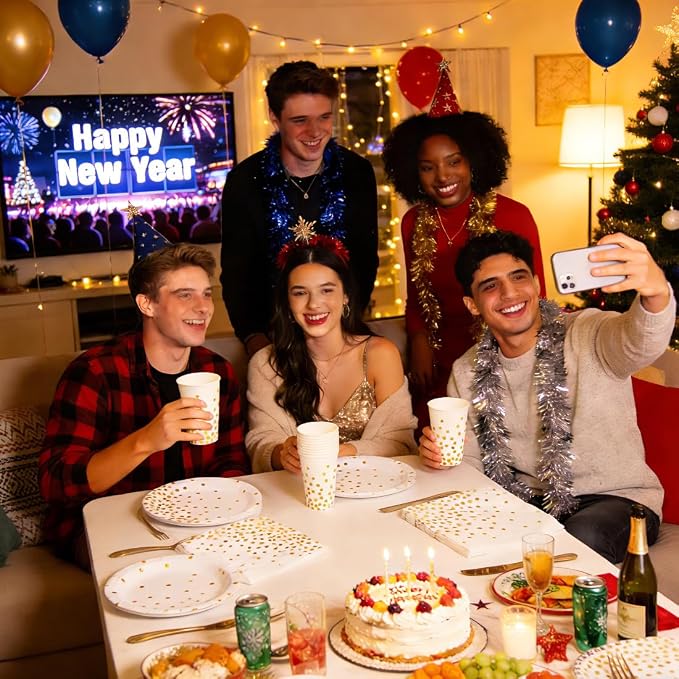 White and Gold Party Supplies 145PCS Disposable Party Dinnerware Paper Plates, Napkins, Knives, Forks, Cups, Banner, for New Year Eve 2026, Bridal Shower, Wedding, Birthday, Serves 24