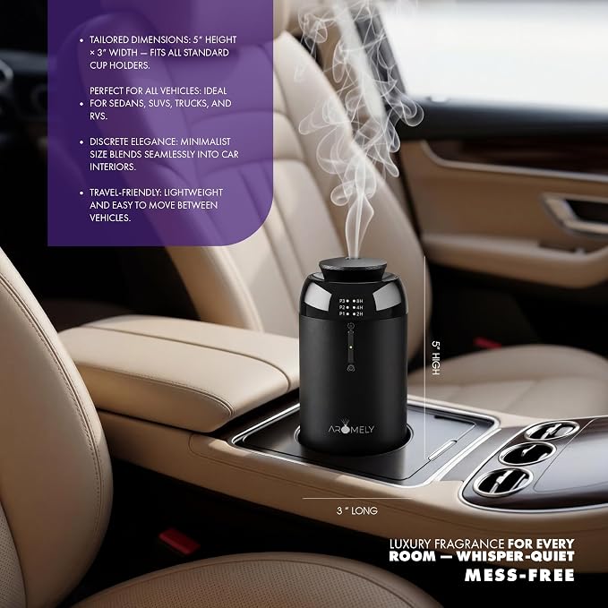 Car Diffuser & Home Air Freshener Waterless – Rechargeable – Intelligent Aroma Diffuser with Dual Mode – Portable Odor Eliminator for Car, Office Desk, and Small Room – Up to 150 SQFT (Black)