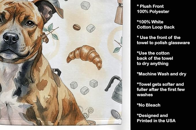 Caroline's Treasures Brindle Staffordshire Bull Terrier Coffee Bar Kitchen Towel Velour Plush Front and Cotton Loop Back Machine Washable