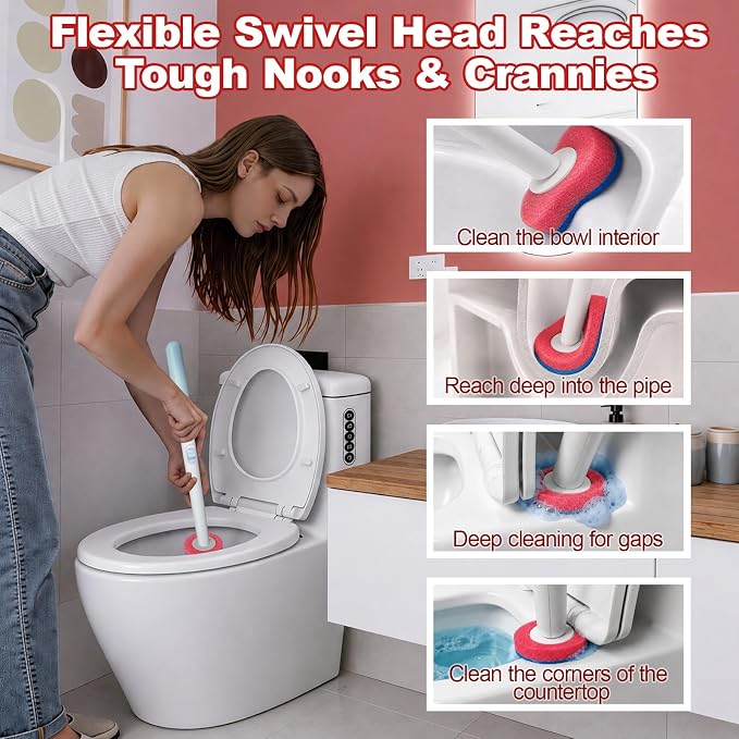 Disposable Toilet Brush with Wall Mounted Holder, 24 Toilet Wand Refills | Hands Free Toilet Brush with One-Button Release, Bathroom Cleaning Set for RV & Small Bathroom, Light Rose Scent