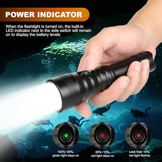 SD1500 Dive Light 1500 Lumens Scuba Diving Flashlight 3 Modes Waterproof Underwater Diving Safety Backup Lights with Power Indicator for Night Diving