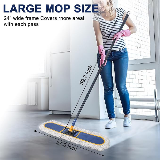 24" Commercial Dust Mop for Floor Cleaning,Heavy Duty Floor Duster with 2 Cotton Reusable Mop Pads,59” Long Handle Wet Dry Flat Mops for Hardwood Floors,Marble, Laminate,Tile,Concrete,Garage (Blue)