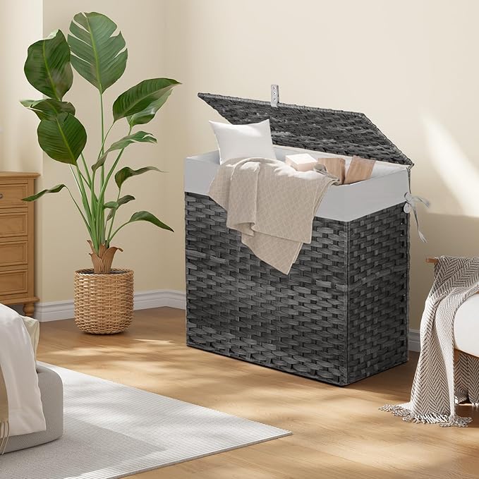 Greenstell Laundry Hamper with Lid, 125L Wicker Laundry Baskets with 2 Removable Liner Bags & 5 Mesh Laundry Bags, Handwoven Rattan Clothes Hamper with Handles for Clothes in Bathroom, Bedroom