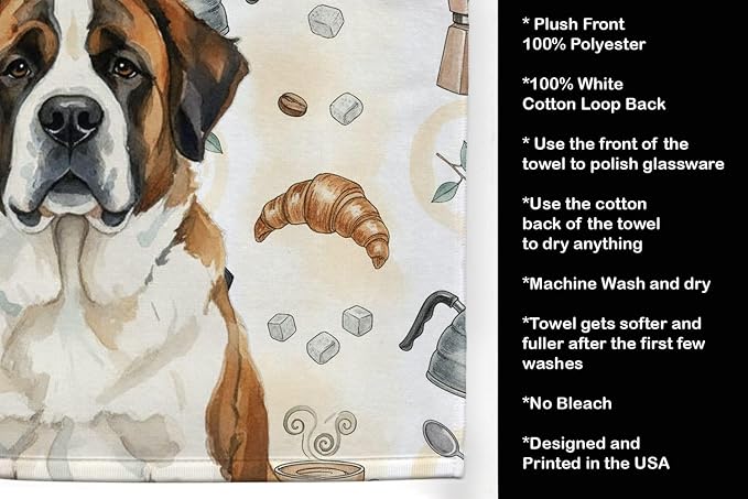 Caroline's Treasures Brindle and White Saint Bernard Coffee Bar Kitchen Towel Velour Plush Front and Cotton Loop Back Machine Washable