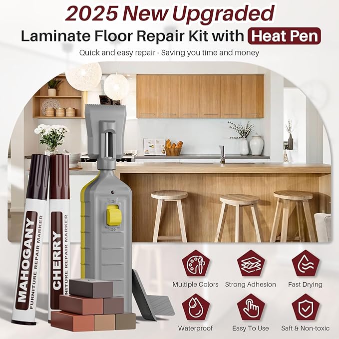 Laminate Floor Repair Kit with Heat Pen, 6 Colors Linoleum Repair Kit Floor Hard Wax Furniture Touch Up Marker Scratch Repair Restore Scratch, Crack, Stain, Hole for Wood Floor Door,Cabinet,Table.