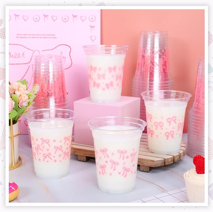 FYSUIMU 100Pcs Pink Bow Disposable Plastic Cups 12Oz Lovely Ribbon Bow Cold Beverage Drinking Cup for Wedding Birthday Bridal Shower Bachelorette Party Supplies