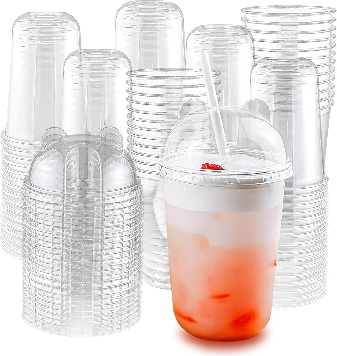 Qsqwsuye 16oz 100 Set Disposable Plastic Cups with Dome Lids and Straws, Clear Iced Coffee Cups with lids, Round Bottom Plastic Cup for Milkshakes Juice Beverages Holiday Party Outdoor Picnic Supplies
