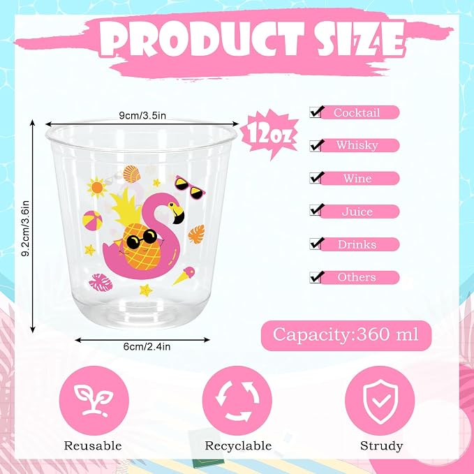 Whaline 60Pcs Pool Party Plastic Cups 12 Oz Disposable Clear Stemless Wine Cocktail Glasses PET Drinkware Cups Set for Summer Beach Hawaiian Luau Birthday Party Supplies