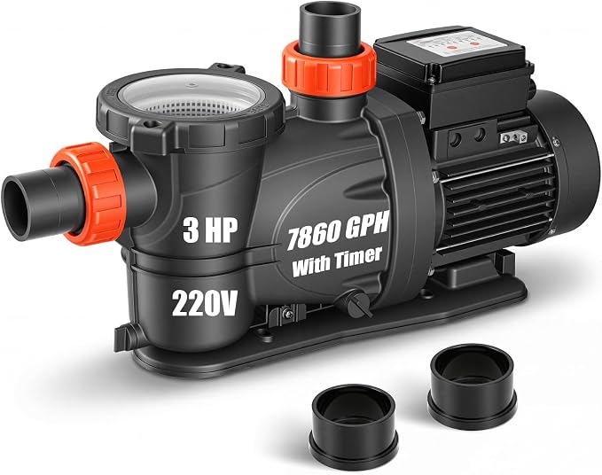 LEO 3HP In/Above Ground Pool Pump with Timer High Flow Powerful Self Priming Pool Pump, Single Speed 220V 7910GPH, Light Black