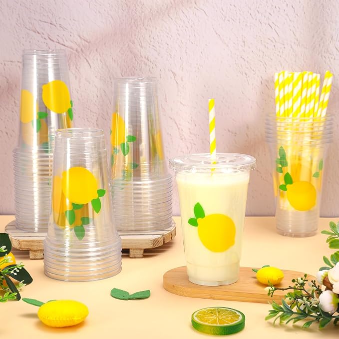Whaline 50Pcs 16Oz Lemon Disposable Plastic Cups with Lids and Straws Summer Citrus Fruit Cold Beverage Drinking Cups for Birthday Baby Shower Party Supplies