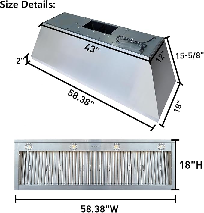 SINDA 60 Inch Built-in Range Hood Insert Vent 1260 CFM with 4 Speed Exhaust Fan Kitchen Under Cabinet Vent Hood Adjustable LED Lights, Dishwasher-safe, Baffle Filters,Stainless Steel