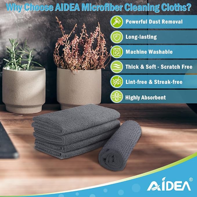 AIDEA Microfiber Cleaning Cloth Grey-400PK, Soft Absorbent Rags, Microfiber Towels for Cars, Kitchen Towels, Dusting Cloth for Home, Window, Cleaning Supplies, 12"×12"
