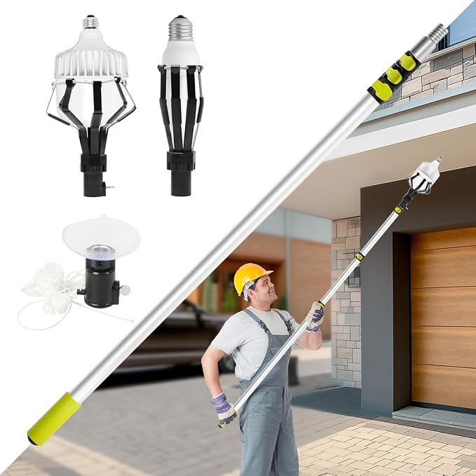 28FT Reach Light Bulb Changer for High Ceilings with Pole & Duster, 5-20FT Telescopic Extension Pole High Ceiling Light Bulb Changer Pole with Baskets Suction Cup for Recessed Lights