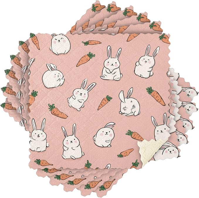 Pink Rabbit and Carrots Kitchen Towels Dish Cloths Set of 6 Microfiber Cleaning Cloths for Cars Super Absorbent Machine