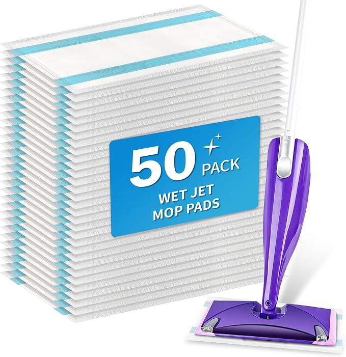 50 Pack Disposable Wet Jet Pads for Swiffer WetJet Mop - Wetjet Pads for Tile, Laminate & Wood Floor Cleaning, for Swiffer Wet Pads Refill, Heavy-Duty Dirt Locking | Effective Stain Removal