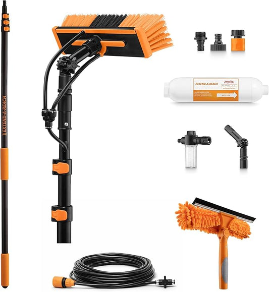 4-12 ft Water Fed Pole Window Cleaning System // Professional Telescopic Solar Panel Cleaning Equipment // Water Fed Brush with Upper Rinse Bar, 10" Squeegee, Water Filter, Soap Dispenser & Water Hose