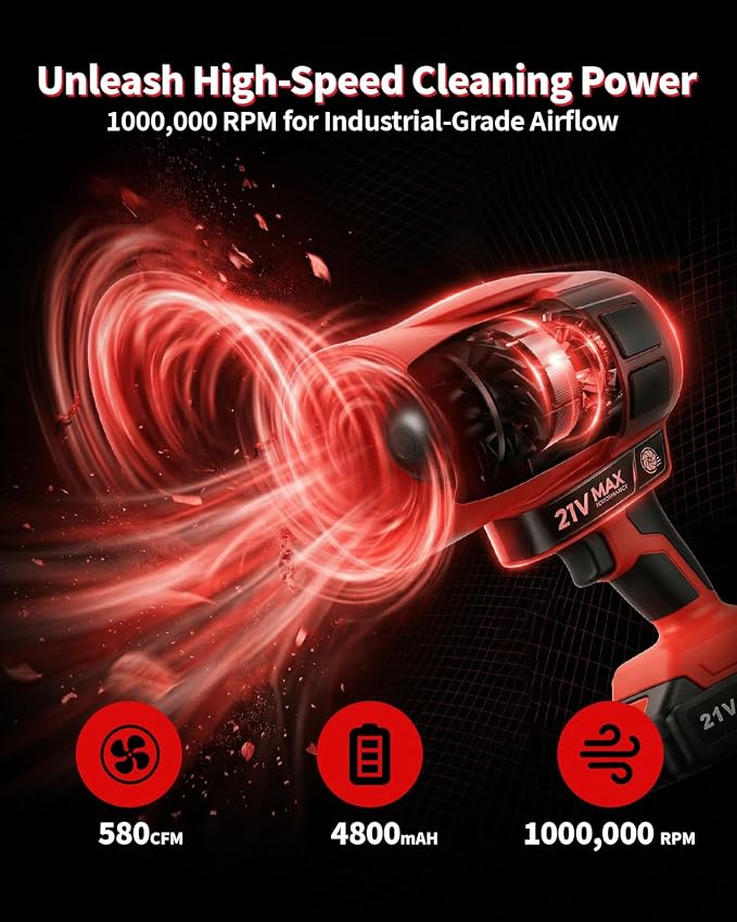 Power Leaf Blower 21V Cordless Lightweight Handheld Electric Turbo Jet 2x4Ah Batteries Fast Charger 1000,000 RPM High Speed with Ergonomic Handle for Yard Cleaning Lawn Maintenance Blowing Leave (Red)
