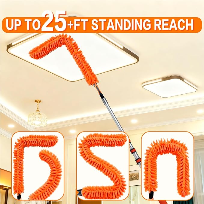 26FT High Reach Duster Cleaning Kit with 5-20 FTExtension Pole, High Ceiling Fan Cleaner Duster Tool for Fan Blades, Extendable Reusable Cobweb, Feather, Window Cleaning Squeegee Kit(20FT)