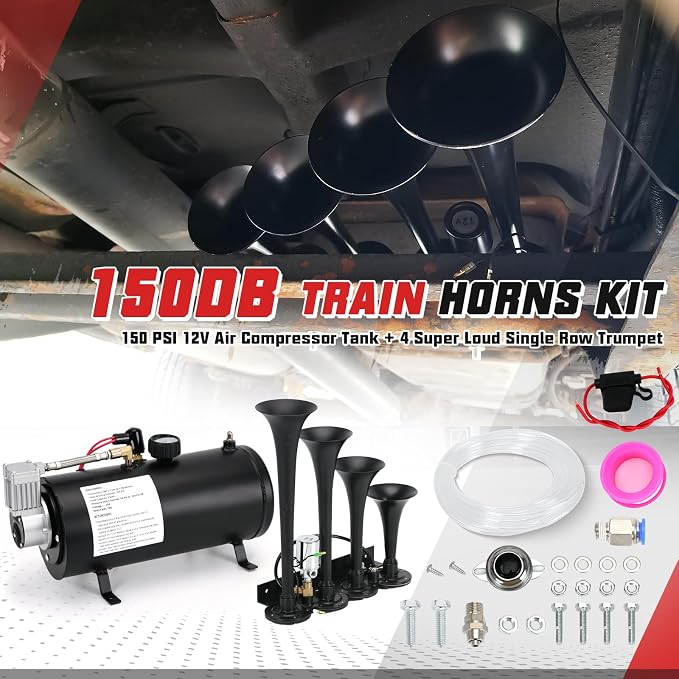 PTNHZ 150DB Train Horns Kit 12V 150PSI Air Compressor Tank Pump w/3 Liter 0.8 Gallon Tank + Super Loud Black 4 Single Row Trumpet For Train Truck Boat Pickup Motorhome