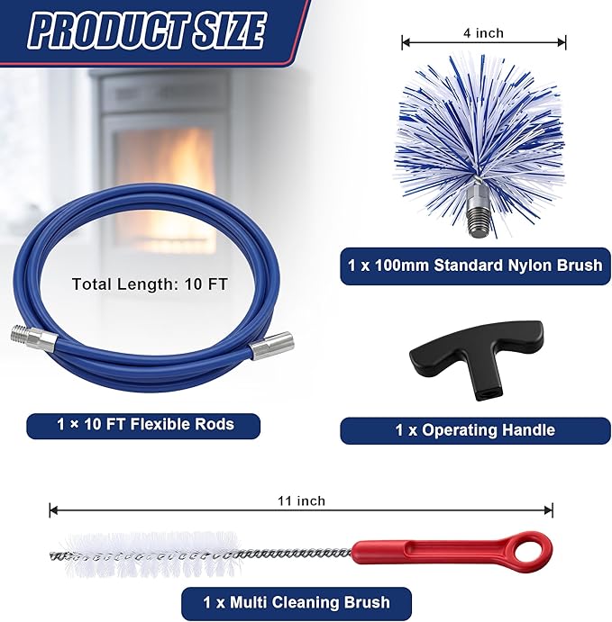 Dreyoo Pellet Stove Cleaning Brush Kit, 10 FT Flexible Steel Rod with 4" Brush Head, T Handle, Multi Purpose Flue Detail Cleaner, Nylon Stove Flue Pipe Kit for Pellet Furnace Exhaust Pipes