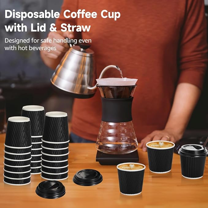 200 PCS Disposable Espresso Cups with Lids and Straws, 4 oz Paper Espresso Cups, Double-Layer Insulated Ripple Wall Cup for Hot Drinks, Convenient and Hygienic for Parties and Events