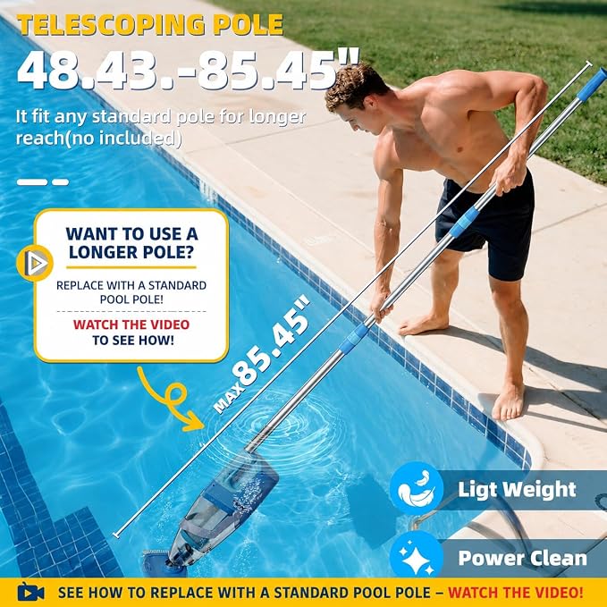 Cordless Pool Vacuum Above & Inground Pools, Powerful 1590 GPH Suction,Handheld Telescopic Pole up to 85.45", 1H Runtime, 2L Debris Bin, Rechargeable Pool Cleaner for Spas & Hot Tubs