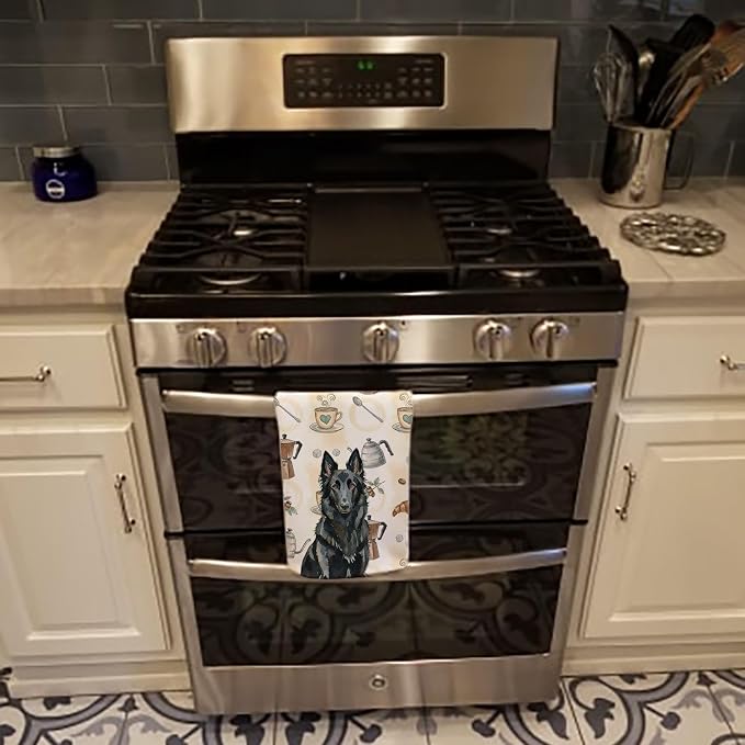 Caroline's Treasures Belgian Sheepdog Groenendael Coffee Bar Kitchen Towel Velour Plush Front and Cotton Loop Back Machine Washable