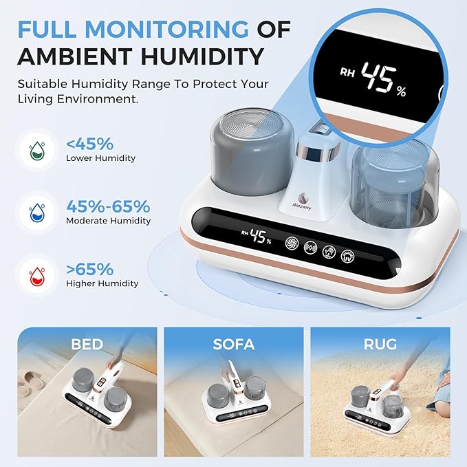 Amzany Mattress Vacuum Cleaner - 5-in-1 Cordless Bed Vacuum Cleaner, Powered by UV-C Light & Ultrasonic Technology, 16Kpa Strong Suction,Low Noise,Suitable for Dust, Pet Hair, Etc.