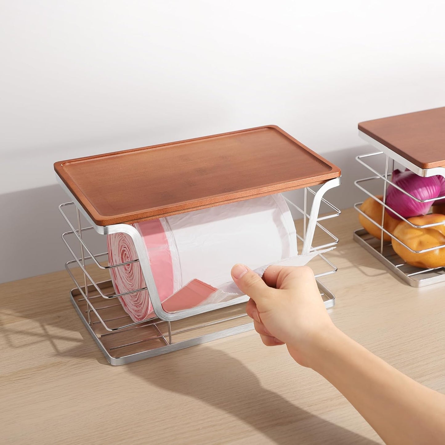 ALOCEO 2 Pack Stackable Storage Bins with Lids, Stainless Steel Extra Large Trash Bag Dispenser for Kitchen Sink, Laundry, Pantry Organizer and Storage, Fit 13/30/33 Gallon Garbage Bags, Walnut Sliver