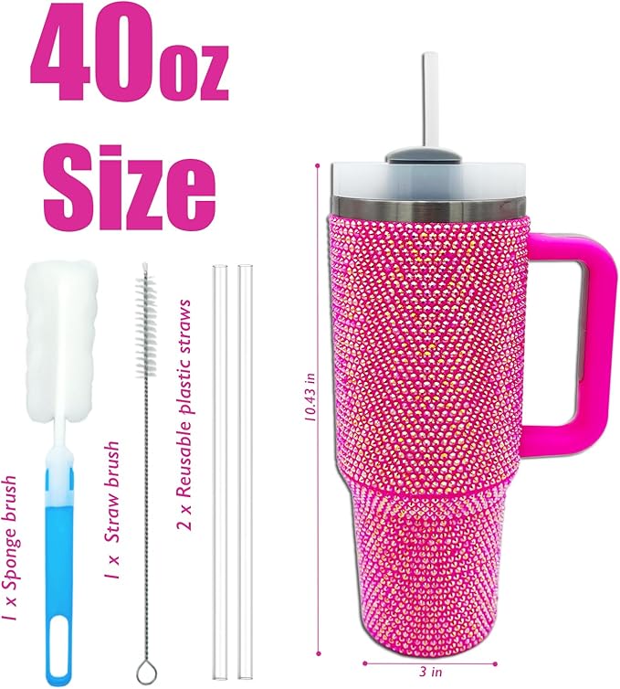 40oz Bling Tumbler with Handle and Straw Lid Rhinestone Studded Tumbler Cups Vacuum Insulated Stainless Steel Double Wall Water Bottle Travel Mug Gifts for Women Her (Hot Pink)