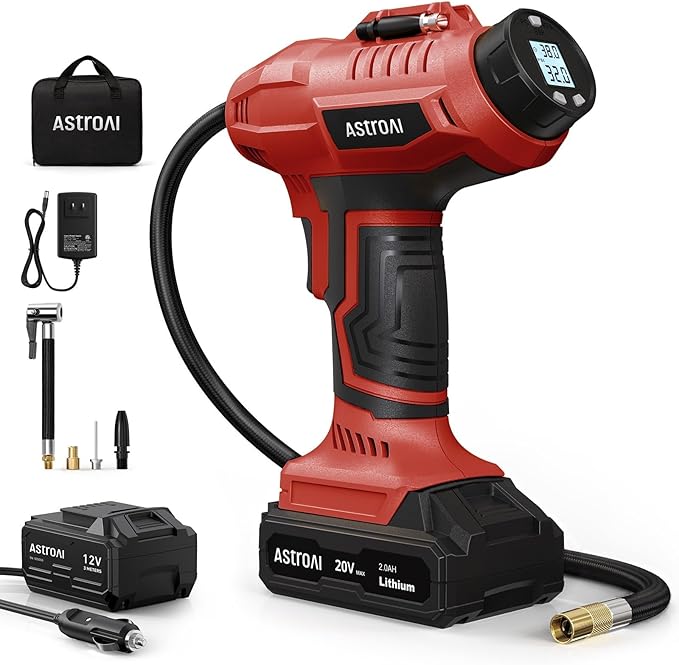 AstroAI C2 Cordless Tire Inflator Air Compressor 20V Rechargeable Battery Powered 160PSI Portable Air Pump with 12V Car Power Adapter Digital Pressure Gauge for Cars Motorcycles Red