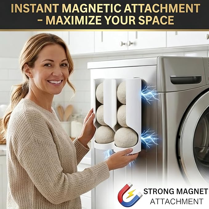 Magnetic Dryer Ball Holder for Laundry Room Organization - Space-Saving Wool Dryer Ball Storage Rack, Strong Magnet Mounts to Washer & Dryer, Holds 6+ Standard Balls, Two Ways to Use,Minimalist Design