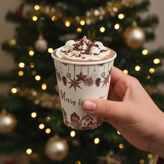 Gerrii 100 Set Christmas Paper Cups Disposable 12 oz with Lids Hot Chocolate Coffee Cups for Hot and Cold Drinks Tea Water Bar Supplies Holiday Winter Season(Cozy Winter)
