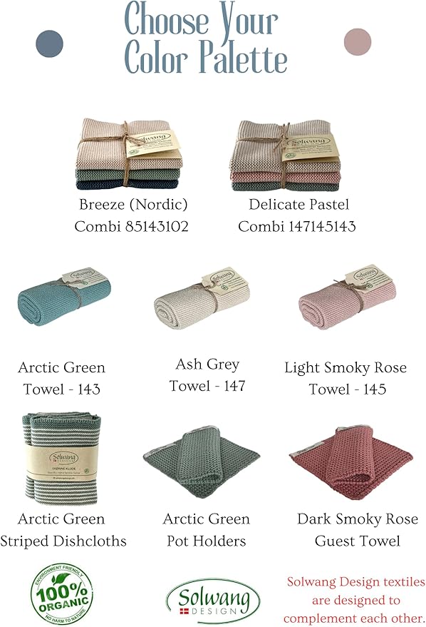 Solwang 3-Piece Danish Cotton Dishcloths in 100% Certified Organic Made India (Delicate Pastel Combi)