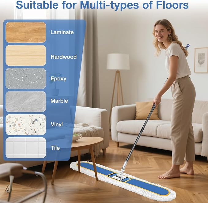 CLDREAM 48" Large Commercial Industrial Dust Mop for Floor Cleaning | 2 Washable Cotton Mops Pads/Wet Dry Floor Duster Broom for Hardwood Floors Marble Laminate Tile Concrete Garage/Blue