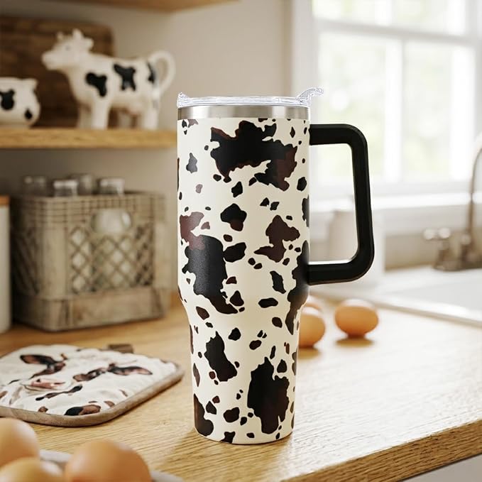 Ceovfoi 40 Oz Cow Print Tumbler With Handle,Cow Print Coffee Travel Mug Cup Water Bottle,Cow Print Decor,Cow Print Gifts for Women