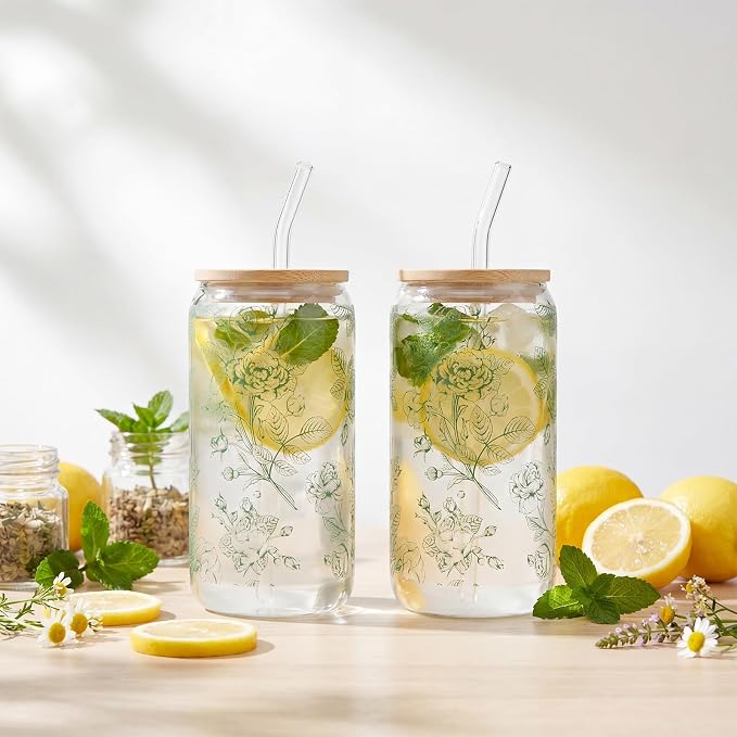 Sliner 2 Pcs Green Floral Glass Tumblers with Straw and Lid Flower Cups Drinking Glasses 16 oz Iced Coffee Can Tumbler Holiday Gifts