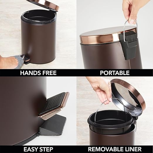 mDesign Pedal Bin - Metal Waste Bin with Pedal, Lid and Plastic Bucket Insert - Perfect for Bathroom, Kitchen, and Office - Ergonomic Design - Bronze/Rose Gold