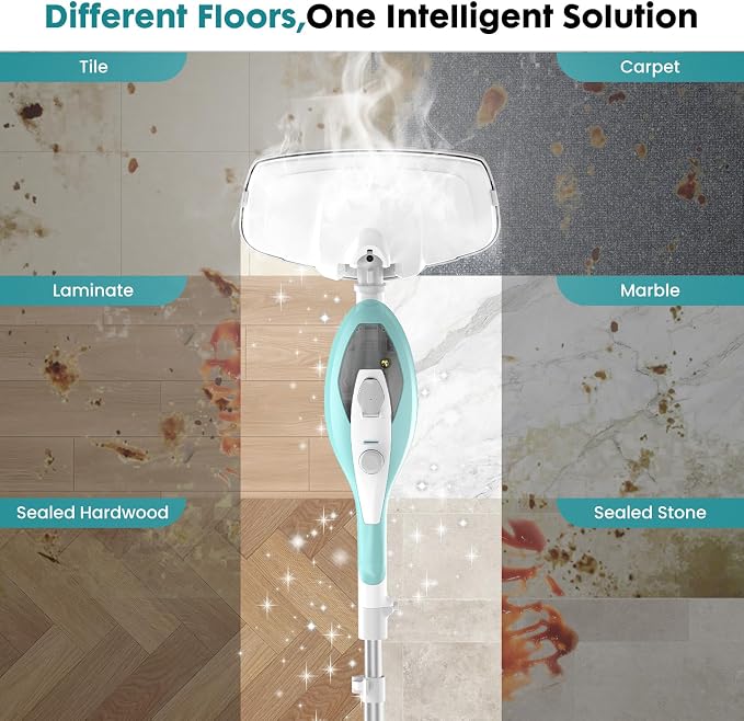 OLIXIS 10-in-1 Steam Mop, 1550W Detachable Handheld Steam Cleaner for Floor Cleaning, 16.4FT Cord, 2 Washable Pads, Multi-Purpose Floor Steamer for Hardwood, Carpet, Tile, Grout, Windows, White Green
