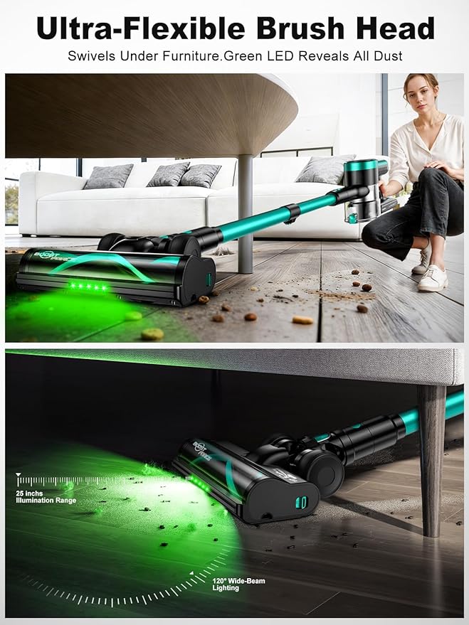 Cordless Vacuum Cleaner,58kPa/10-in-1 Stick Vacuum with 29-inch Hose and LED Lighting Brush,50Mins Runtime Vacuum Cleaner for Home,Self-Standing Vacuum with Anti-Tangle Brush for Pet Hair/Carpet/Floor