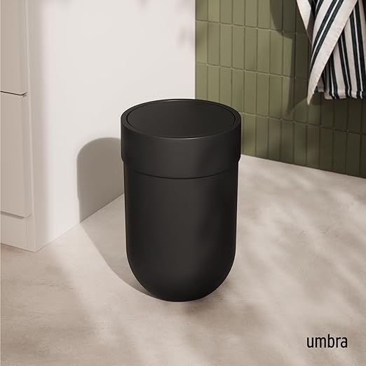 Umbra Touch Trash Can, Small 1.6-Gallon Garbage Bin with Swing Lid, Waste Basket for Bathroom or Office, Black
