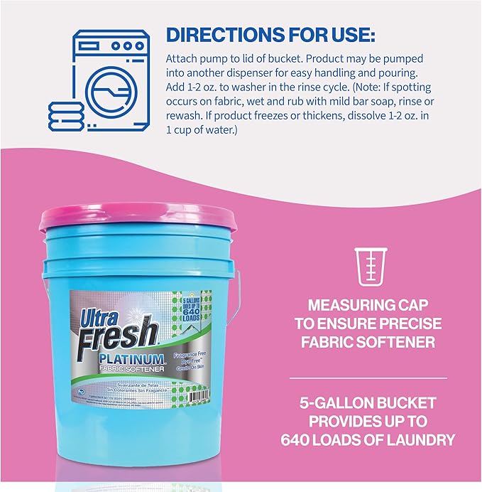 Ultra Fresh Platinum Fabric Softener, Scent Free, Up to 640 Loads, 5 Gallon Bundled with 2 Pack Platinum 6X Laundry Detergent Sheets with Fresh Scent