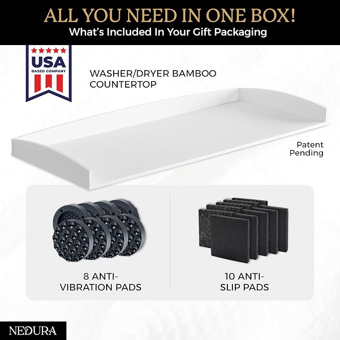 Nedura Washer Dryer Countertop for Washing Machine w/Anti-Vibration Pads &Curved Edge Rails, Premium Bamboo Laundry Countertop, Washer Dryer Topper, Laundry Room Organization, Laundry Accessory-White