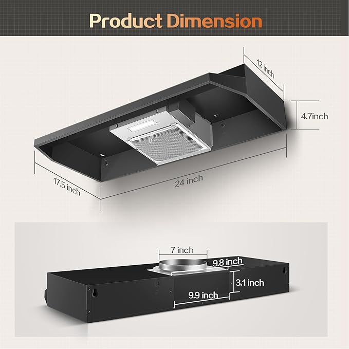 24 inch Range Hood Under Cabinet, Black Kitchen Hood 280CFM, Ducted/Ductless Vent Hood with Rocker Button Control, Stove Hood with 2 Speeds Fan, Bright LED Light